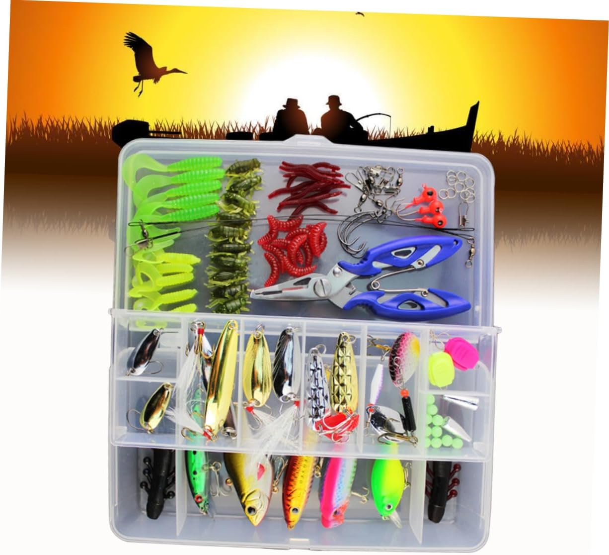 VICASKY 101Pcs Multifunctional Fishing Lure Set with Transparent Includes Spinners Treble Hooks Single Hooks and Swivels for Freshwater and Saltwater Fishing