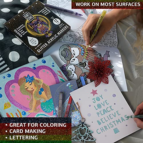 Art Owl Acrylic Glitter Paint Marker Pens, Ultra Fine Point 0.7Mm - Paint Pens For Rock Painting, Stone, Ceramic Glass, Wood, Card Stock, Canvas, Diy Crafts - Set Of 12 Sparkle Paint Markers #TOP4