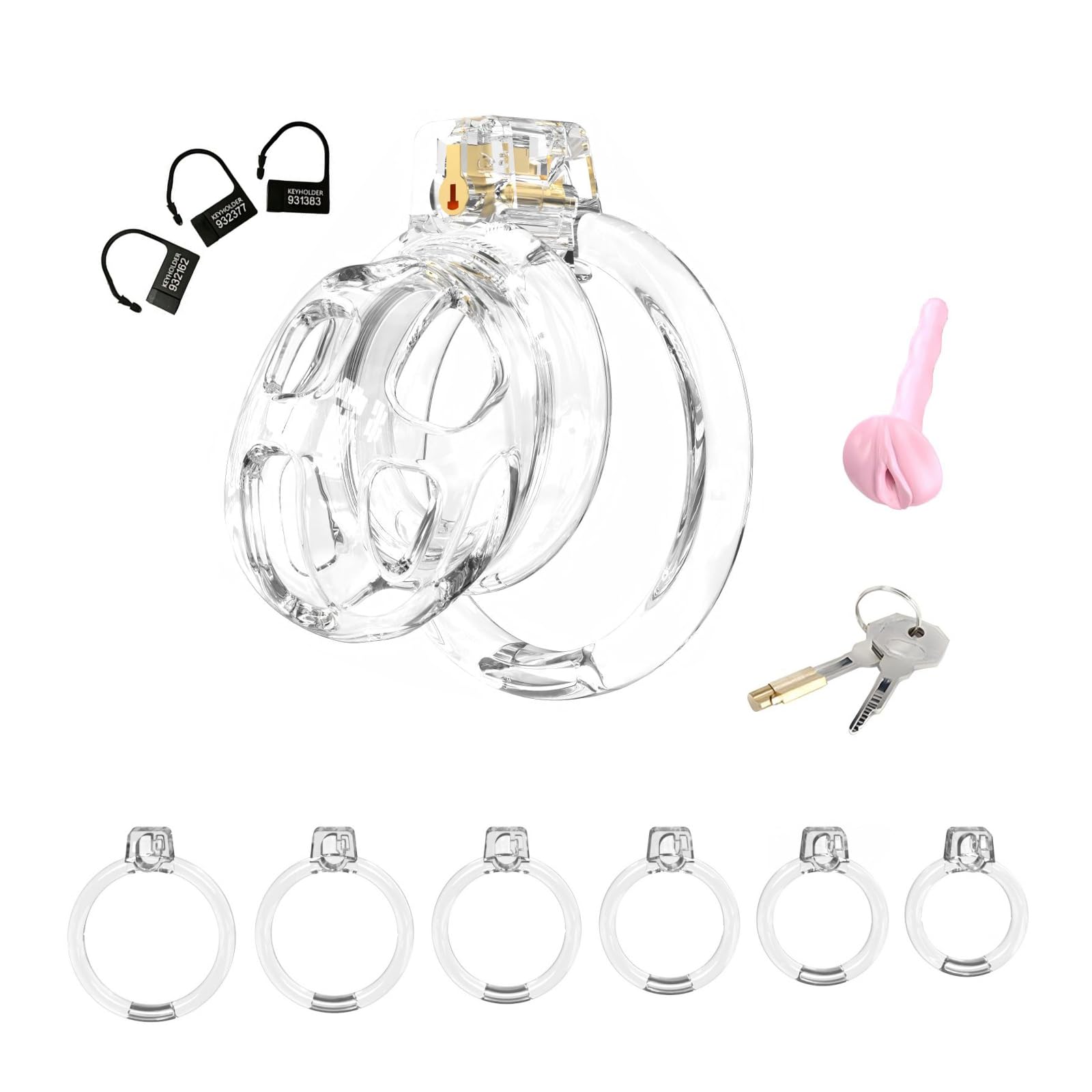 Cage de Chasteté Pénis en Silicone Sex Toýs Homme Cage Chastetée avec 6 Anneaux de Tailles Différentes et des Serrures Invisibles Ceintures de Chasteté et Respirante Chastity Cage (Transparent,S)