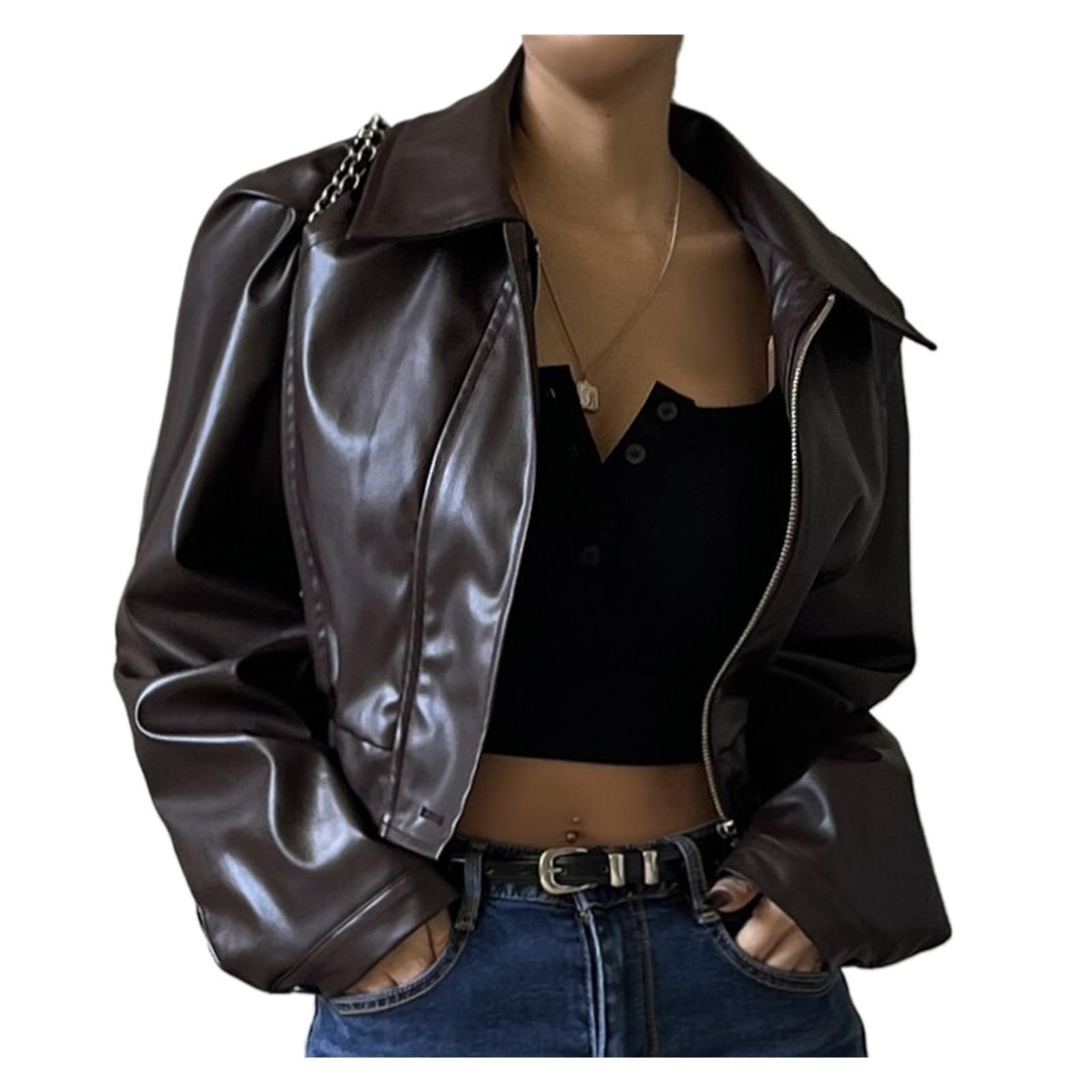 Chaqueta Cuero Mujer Faux Leather Jacket Aesthetic Streetwear Collar Casual Simple Long Sleeve Coats Para salir