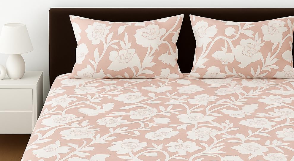 Image of Elastic Fitted Bedsheets with 2 King Size Pillow Covers | Double Bed with All Around Elastic, Size 72 x 78 x 8 Inches (Pink Floral)