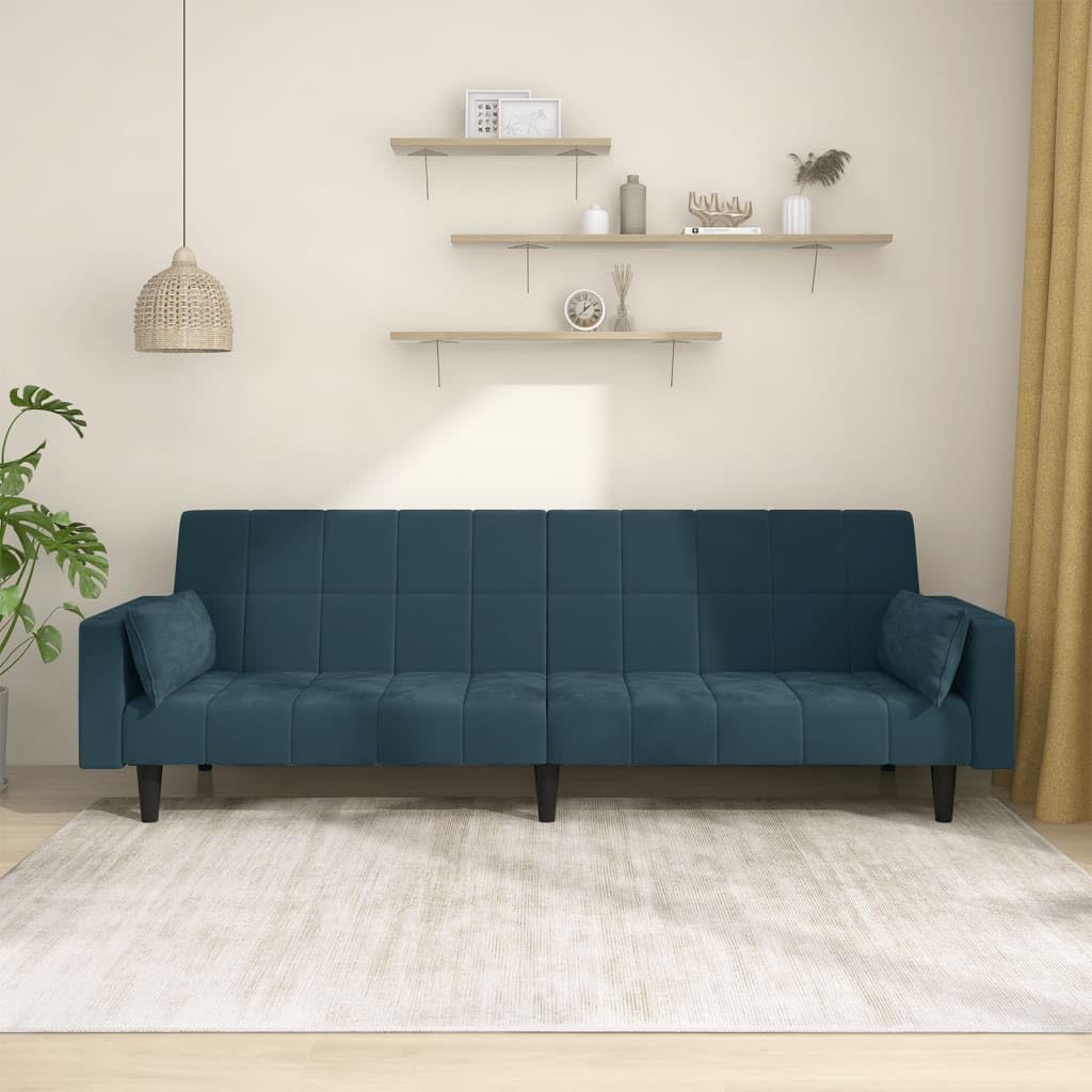 Sofá cama de 2 plazas de terciopelo azul, 220 x 84,5 x 69 cm, sofá moderno plegable con función de reclinación y 2 cojines, cómodo y resistente marco de madera para salón, habitación juvenil