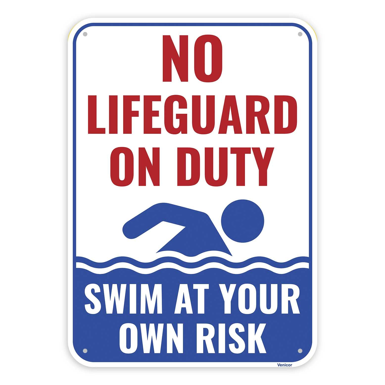 Pool No Lifeguard Aluminum Sign, Swim At Your Own Risk Safety Sign, 12x8 Inch