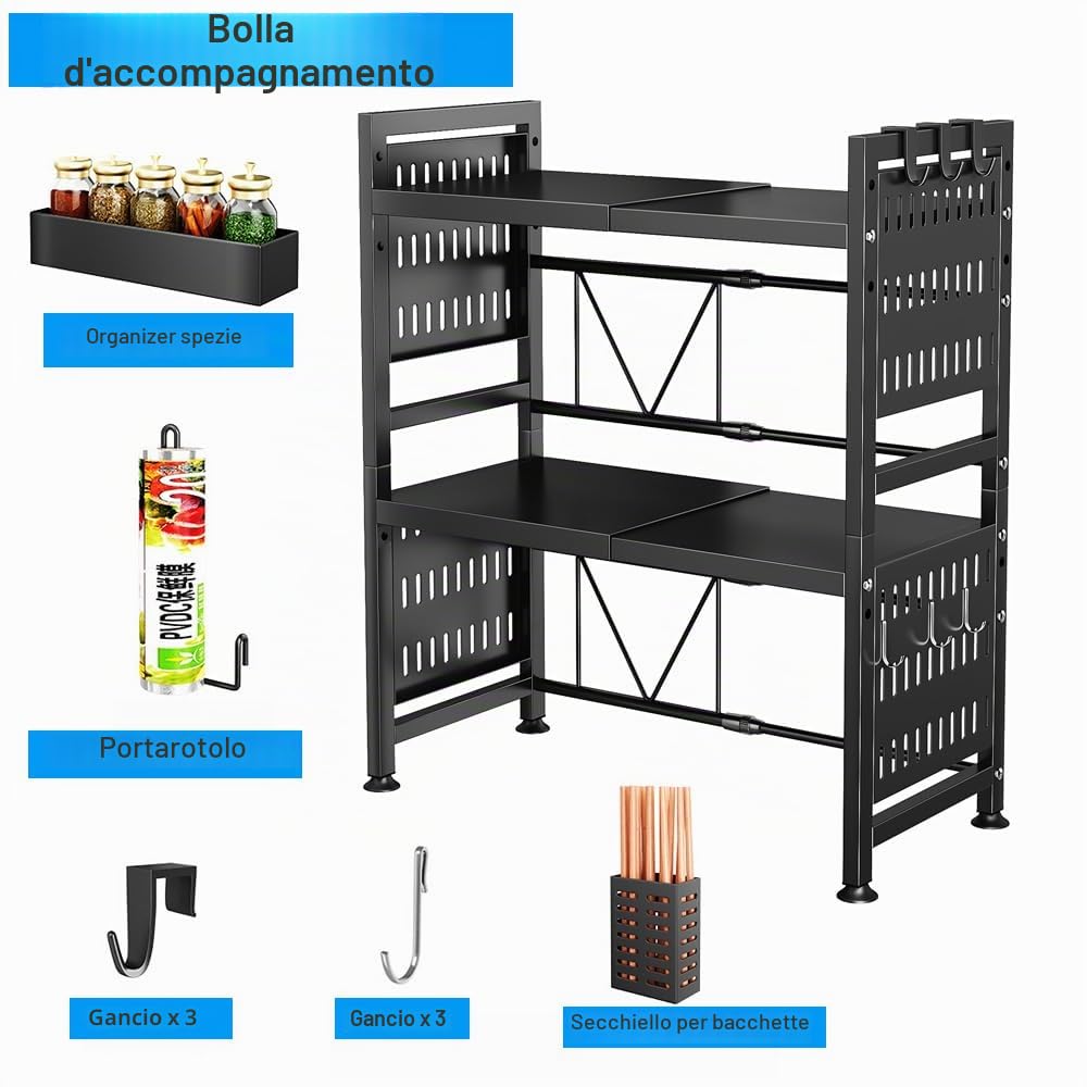 3 Ripiani Mensola Microonde Estensibile, Staffa per Mini Forno con 6 Ganci, Supporto per Microonde con Portaspezie, Microonde Scaffale per Ripiani da Forno da appoggio 40.5-64cm