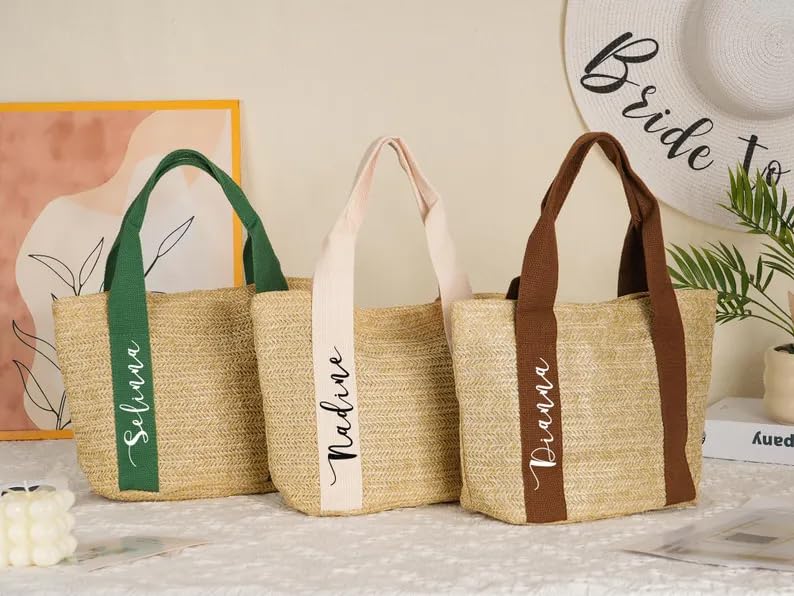 Straw Beach Bags with Silk Scarf,Custom Name Travel Tote Bags for Women-8.66in*7.87in,Bridal Party Gifts4