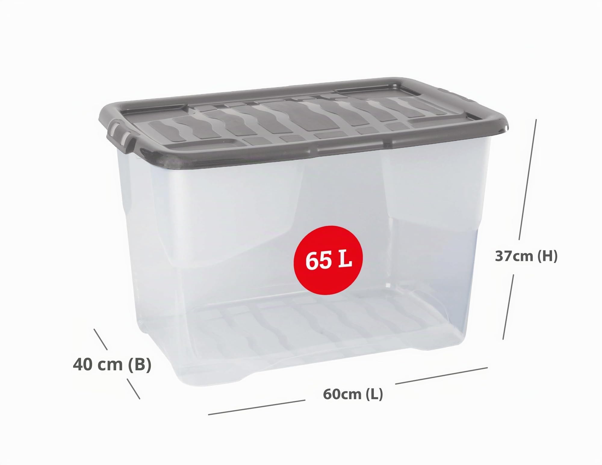 Strata 5 x 65 l Kunststoff-Aufbewahrungsbox mit schwarzem Deckel – stapelbarer, transparenter und langlebiger Behälter für Zuhause und Büro (41 cm H x 39 cm B x 60 cm T)