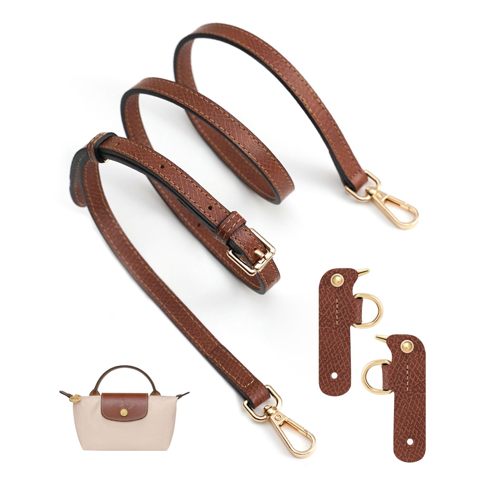 Neylissia Top-Grain Leather Strap for LongChamp Mini Pouch, Upgraded Buckles Mini Bag Adjustable Crossbody Shoulder Straps Conversion Kit Replacement