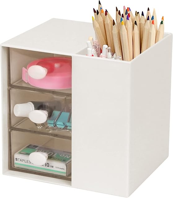 Toplive Desk Pencil Pen Holder , Office Desk Organizers Desktop Storage Pen Organizers with 3 Independent Drawers Stationery Supplies for Office,School,Home White