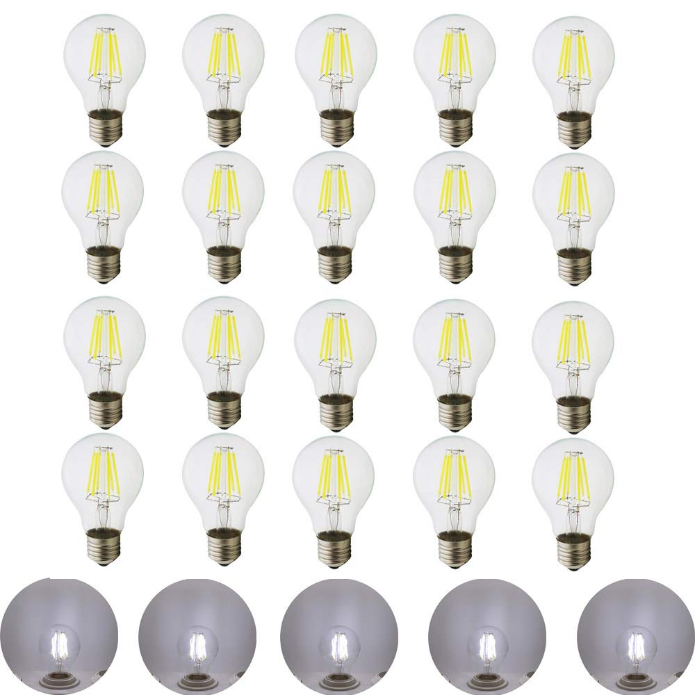 CHAOZANVintage A60/A19 LED Edison Bulb 6W No Dimmable LED Filament Bulb 6000K Cold White 500LM E26/E27 Screw Base Antique Light Bulbs Decorative Clear Glass for Home, 20 Pack