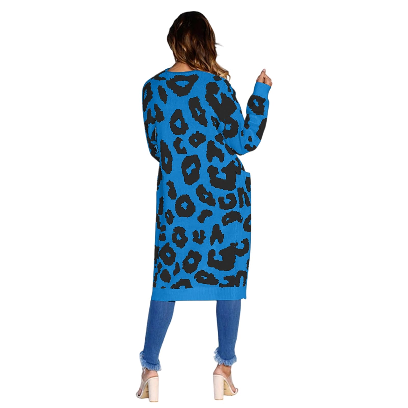 Strickjacken Damen Warm Leopard Langarm Lang Cardigan Offene Front
