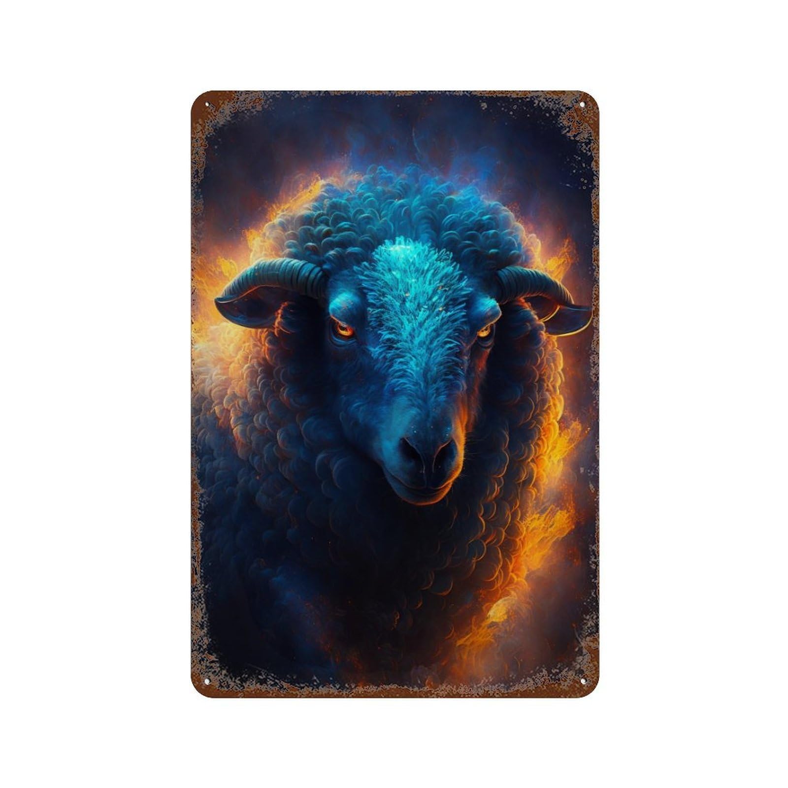 Blue Sheep with Fiery Mane Weathered Tin Sign 11.8"x7.9", Rustic Home Decor for Garage, Bar And Workshop Decor