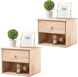 VINGLI Unfinished Natural Solid Wood Floating Nightstand for Bedroom Set of 2, Small Nightstand with Drawer & Open Shelf, Farmhouse Night Stand Wall-Mounted Bedside Table for Small Space Color DIY
