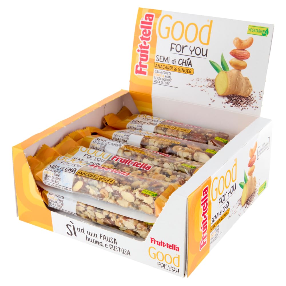 Fruittella Good For You Anacardi e Ginger, Barrette, Healthy Snack, con Mandorle e Semi Di Chia, con Frutta Secca e Disidratata, Confezione da 16 Barrette, Snack Sano Senza Glutine e Ricco di Fibre