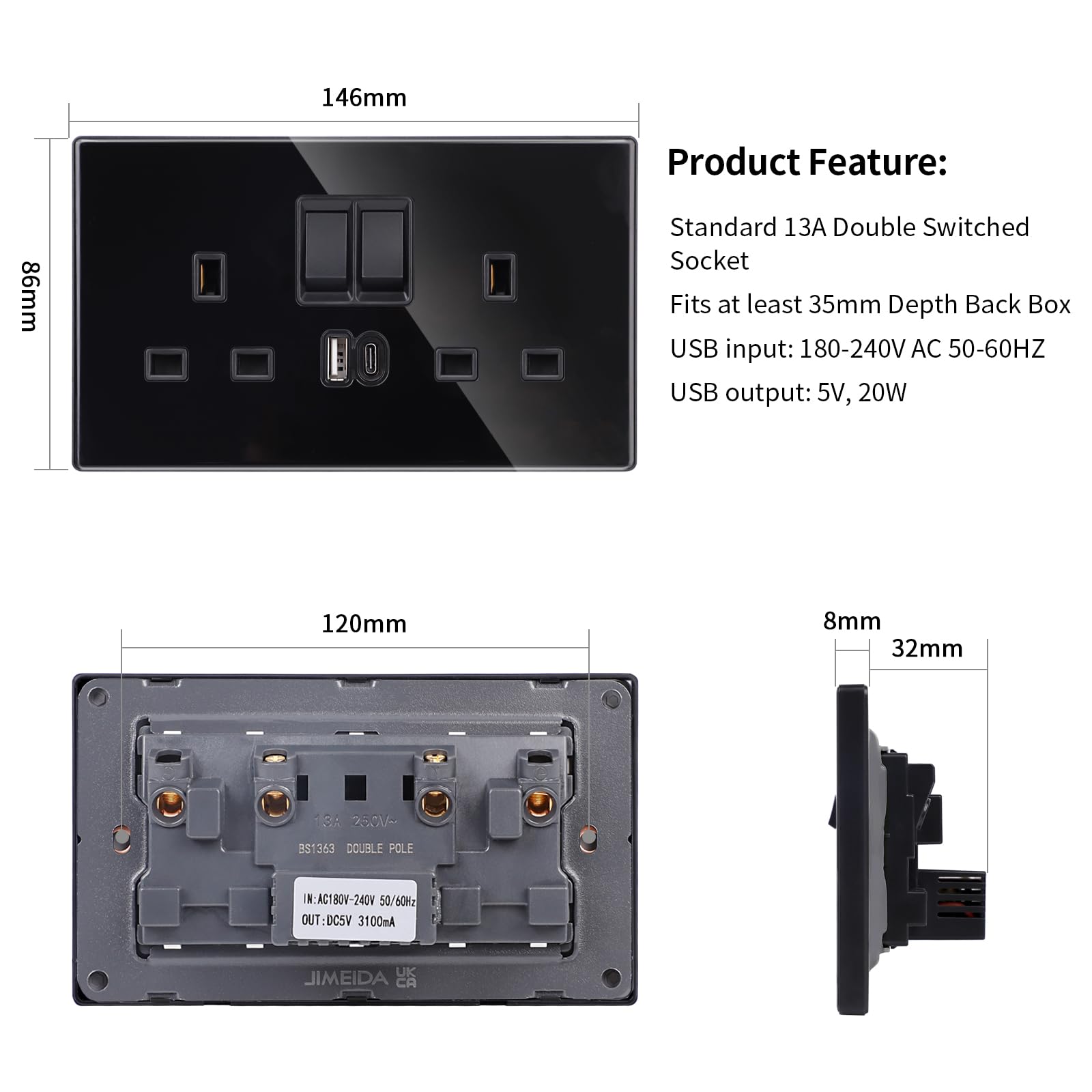 JIMEIDA 2 Pack Double Switched Socket Black 20W Fast Charging 13 Amp with USB A and Type C Charging Ports Crystal Glass Panel Wall Outlet - Image 2