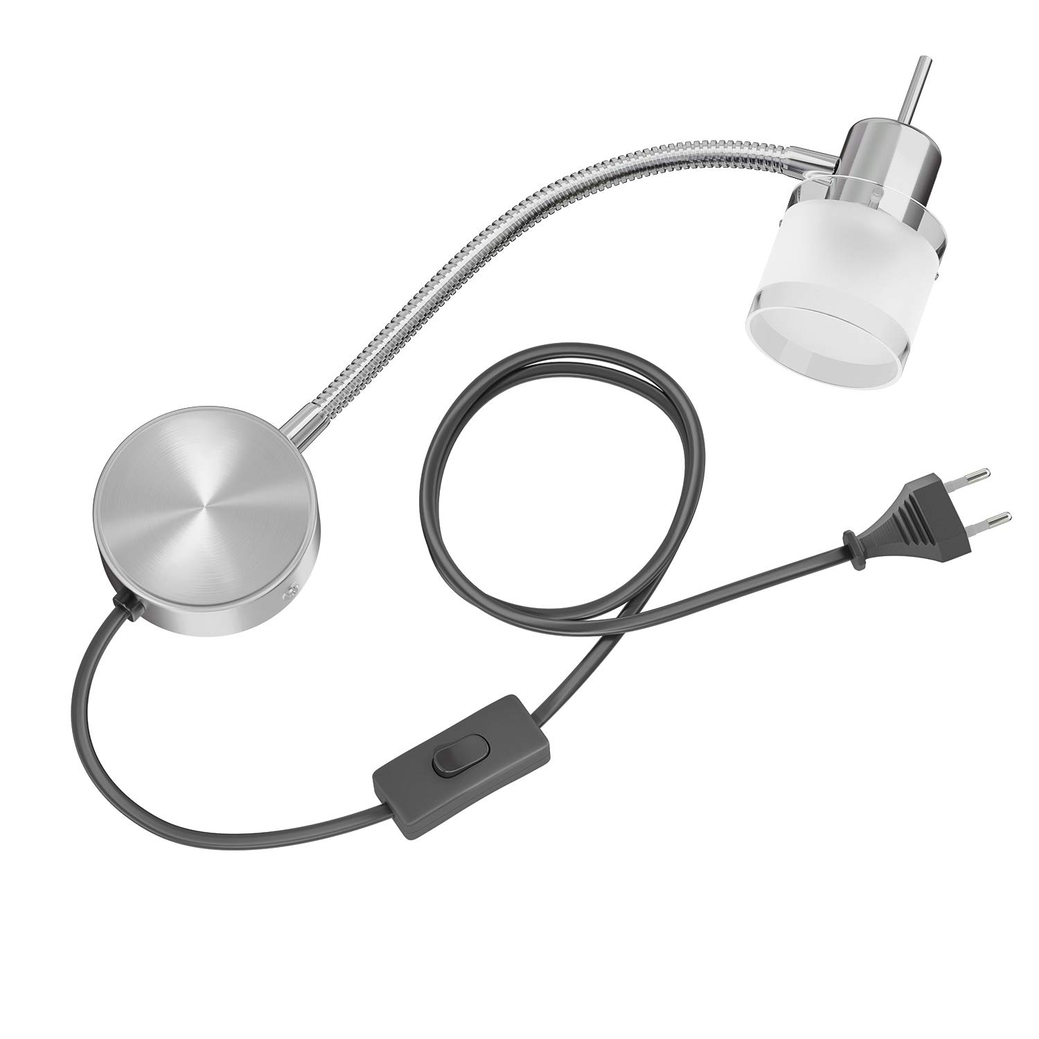ledscom.de 2x Leselampe/Wandleuchte MIRAS, Schwanenhals, Schalter, Stecker, edelstahl matt, 1x GU10 max. 25W