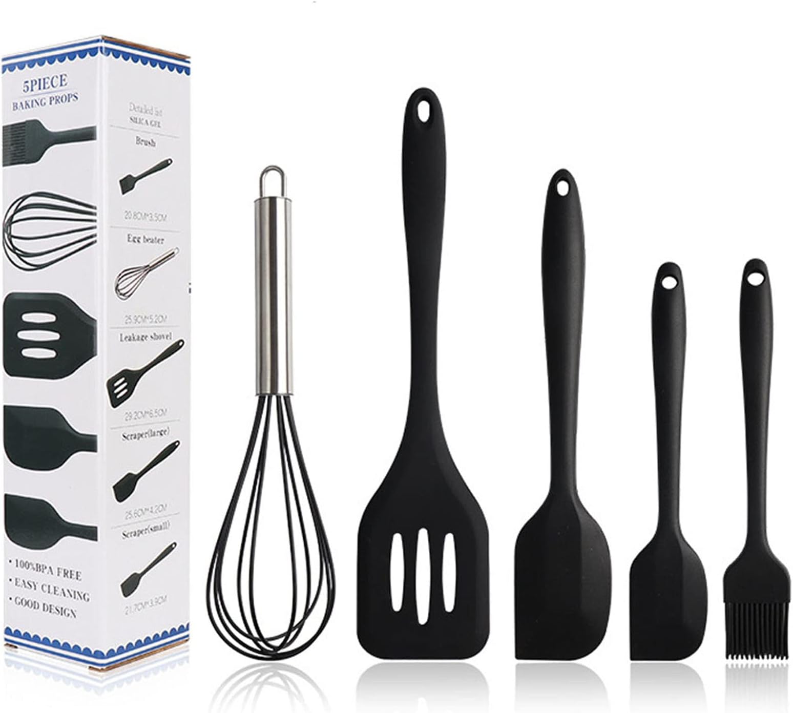 BINHAI Kitchen Utensil Set - Black 5 pcs Silicone Spatula Set - Basting Brushes - Pastry Oil Brush - Egg Beater - Slotted Turner - Silicone Stainless Steel Core Cooking Spatulas Non-Stick