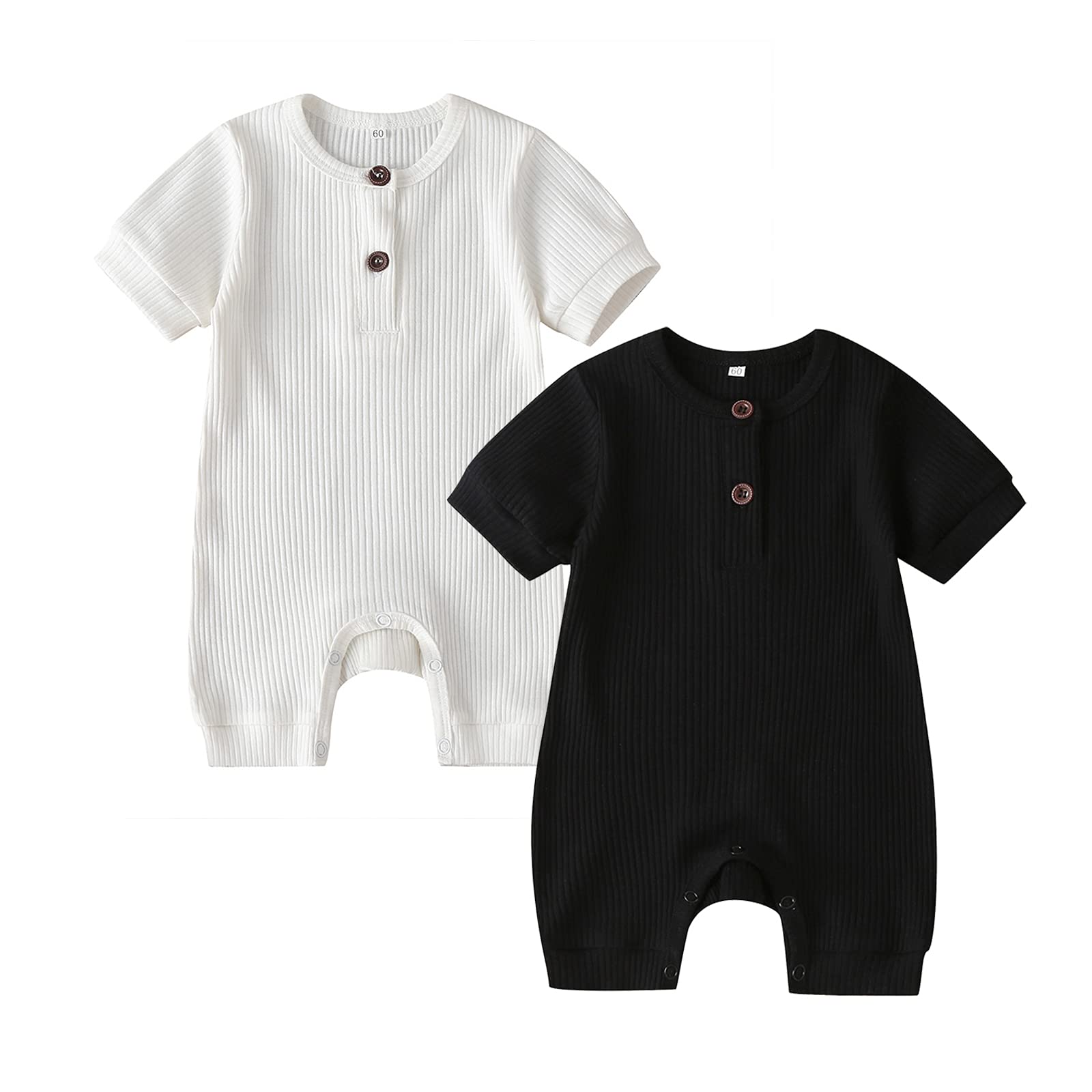 RELABTABYNewborn Baby Boy Girl 2 Pack Romper Unisex Infants Summer Solid Button Onesie Jumpsuit Outfits Clothes, White&black, 9-12 Months