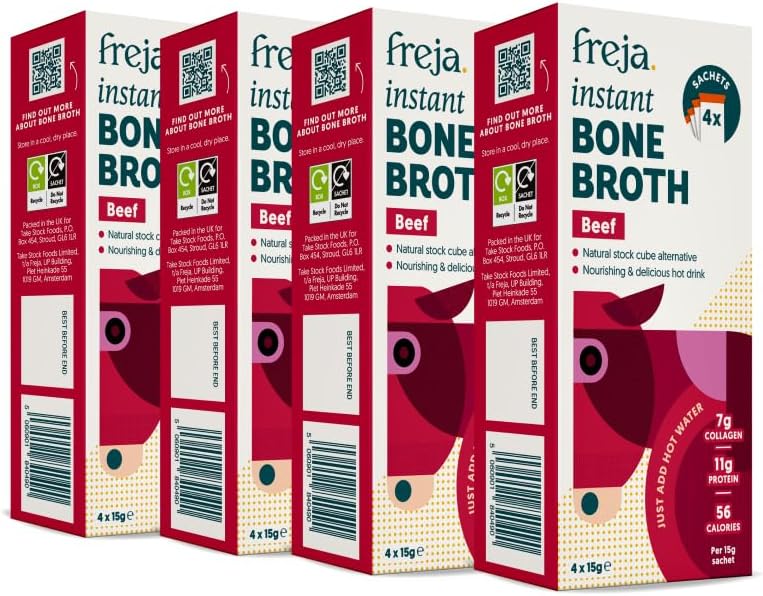 Freja Instant Beef Bone Broth | Beef | 100% Natural | Rich in Collagen, Protein & Amino Acids | Dairy & Gluten Free, 4 boxes (4 x 15g Sachets Per Box)