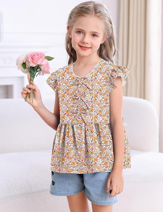 Image of Ivicoer Girls Summer Shirts Kid Flying Ruffled Short Sleeve Tops Big Girl Casual Flowy Babydoll Shirt Fashion Soft Basic Cute Button Down Shirt Comfy Clothes Classic Tops Size 5-6y 5 6 Year Old