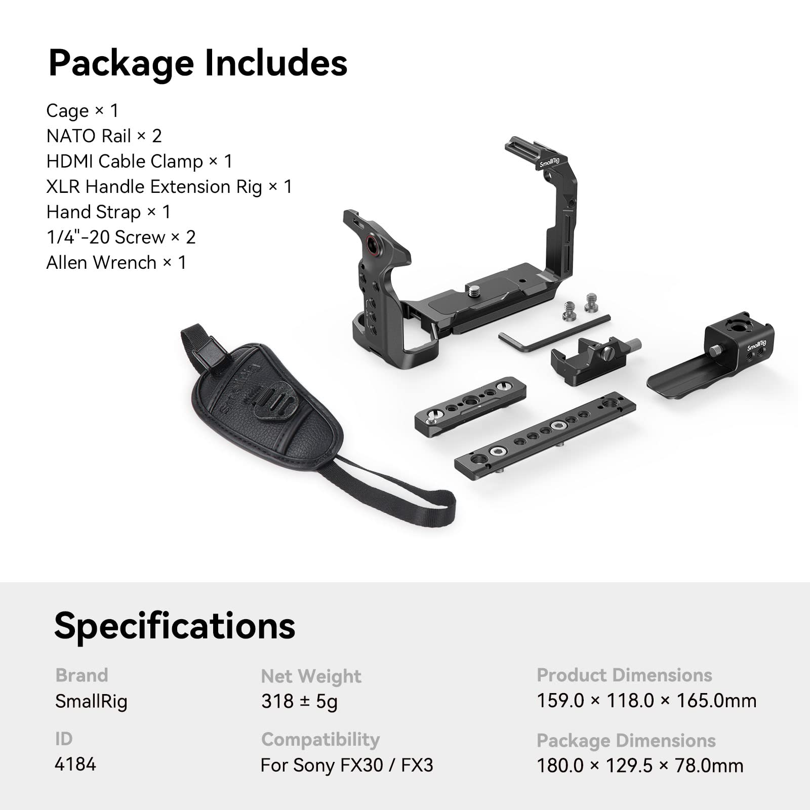 SMALLRIG Cage Kit per Sony FX30 FX3, Superficie Classic Black Bright, con XLR Handle Extension Rig, Cinturino da Polso e Morsetto per Cavo HDMI - 4184