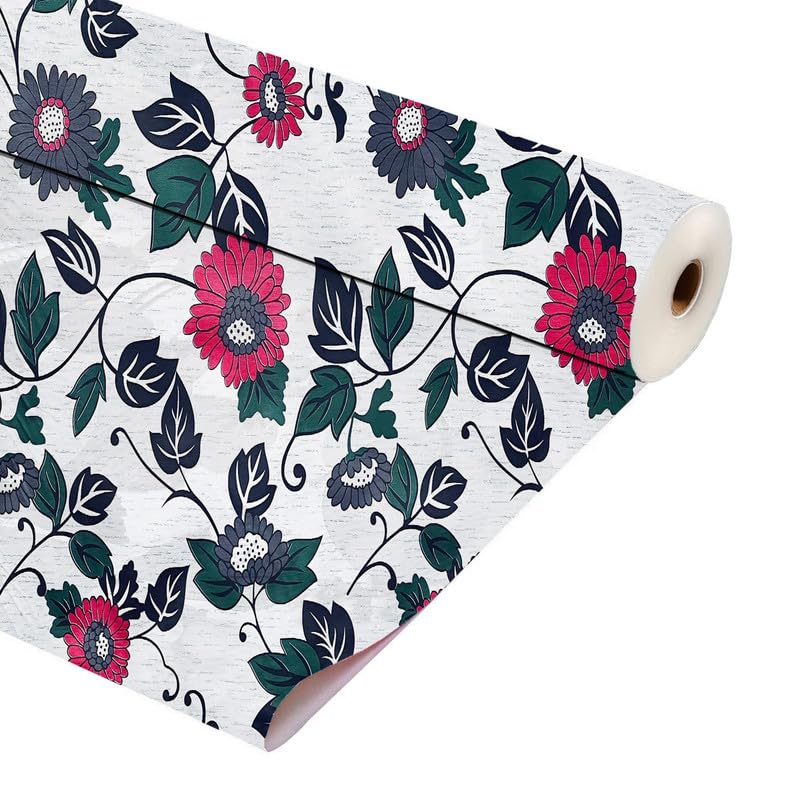 Image of Anti-Slip Kitchen Shelf Liner - 5 Meter Roll, Waterproof Multipurpose Mat for Fridge, Cabinet, Drawer, Trolley & Bathroom - Easy to Cut Floral Blue Print (White)