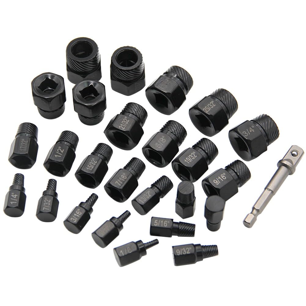 Juego de extractor de tornillos, kit de extracción de pernos, herramienta de perno roto, accionamiento 3/8, acero de alto carbono, 26 piezas para sujetadores dañados