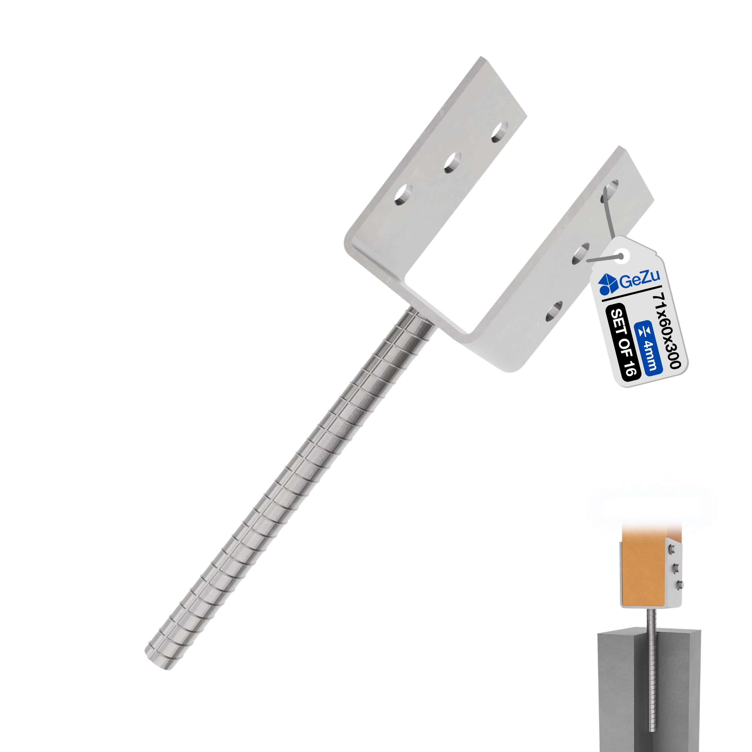 GeZu Impex Adjustable U Post Support 400 mm Electroplated Zinc Coated Set of 4 U Shape Concrete In Post Support Width Adjustable Rod Anchor Bracket U Type Fence Foot Anchor — view 31