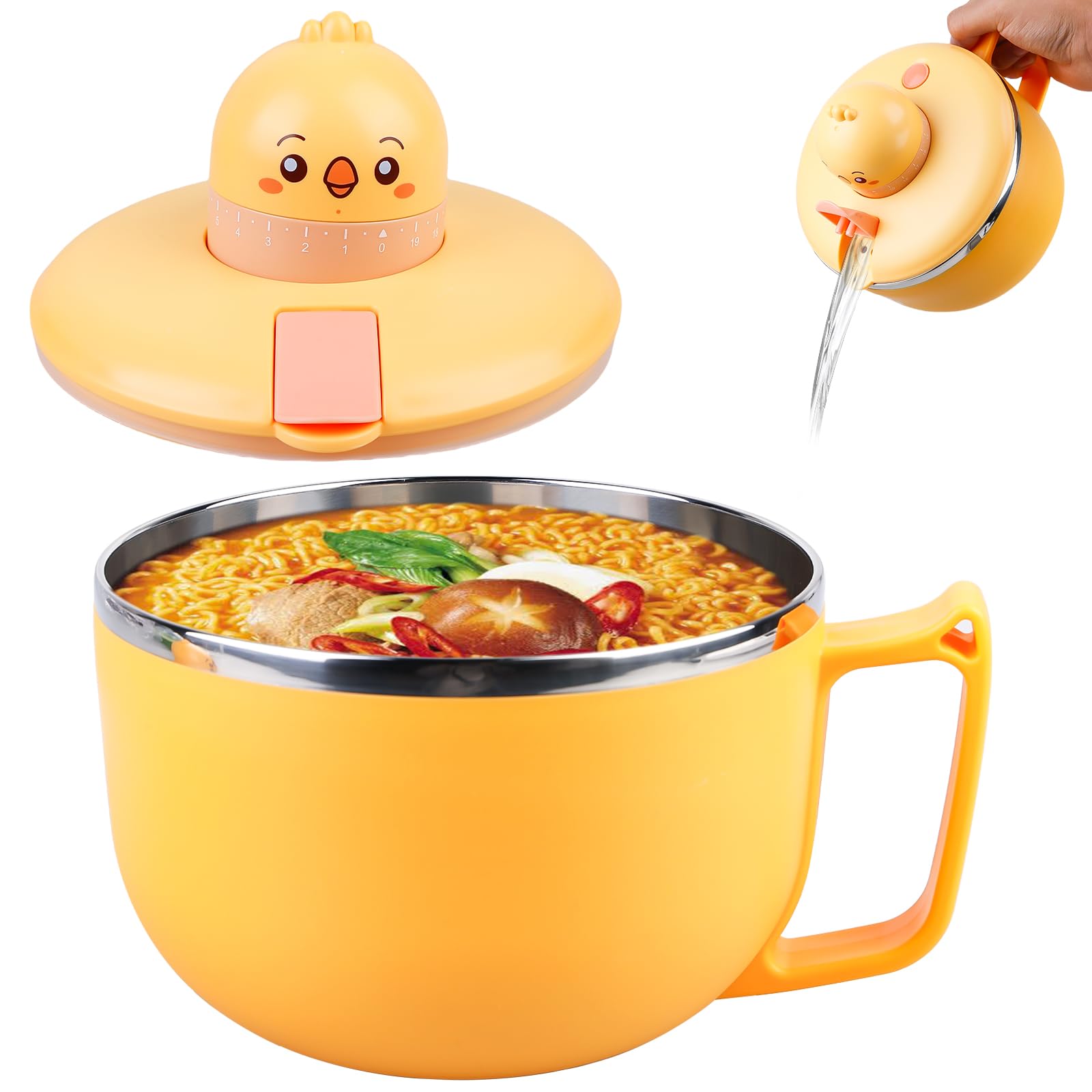 Ramen Cuenco con tapa, temporizador de acero inoxidable, 1200 ml, dulce tipo de pollo, fideos instantáneos, cuenco con asas, fideos instantáneos, fideos portátil, fideos para sopa, fideos
