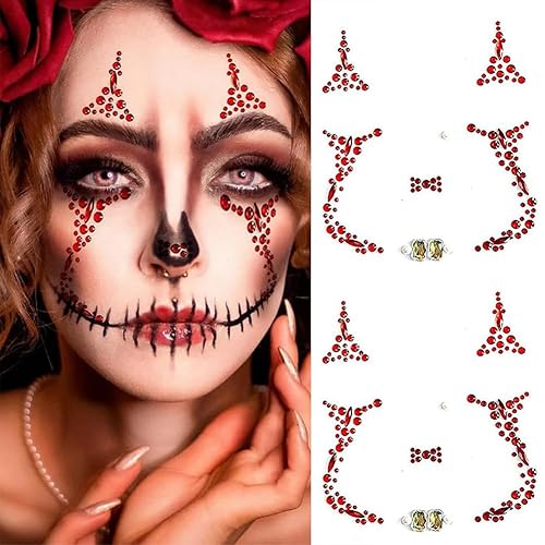 2 piezas de gemas de cara de Halloween, tatuajes de cara de payaso del día de los muertos, tatuajes temporales de calavera con diamantes de