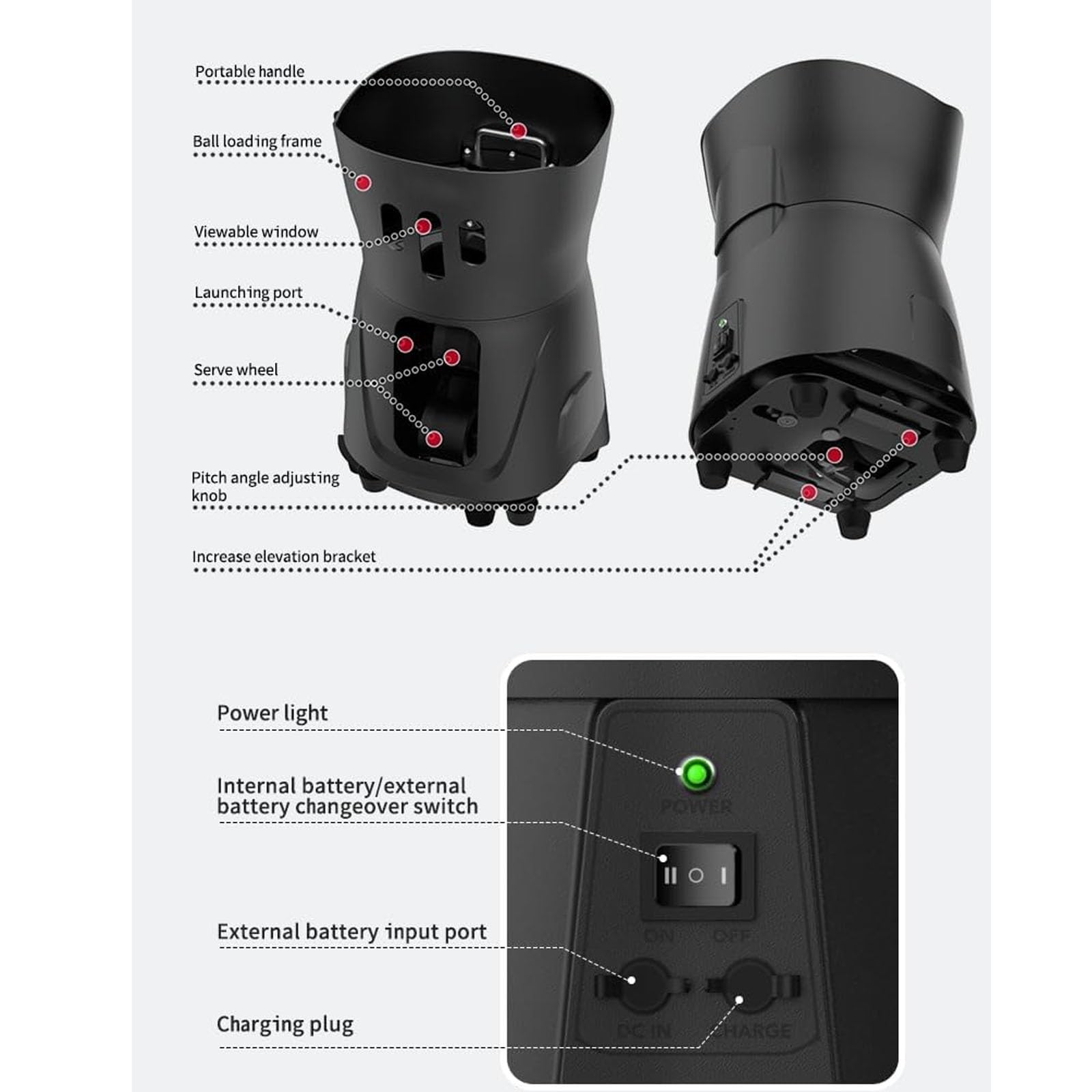 Máquina portátil de pelotas de tenis, herramienta de práctica individual con batería de 3-5 horas de duración, ángulo de servicio de 20-60°, múltiples modos, diseño que ahorra espacio