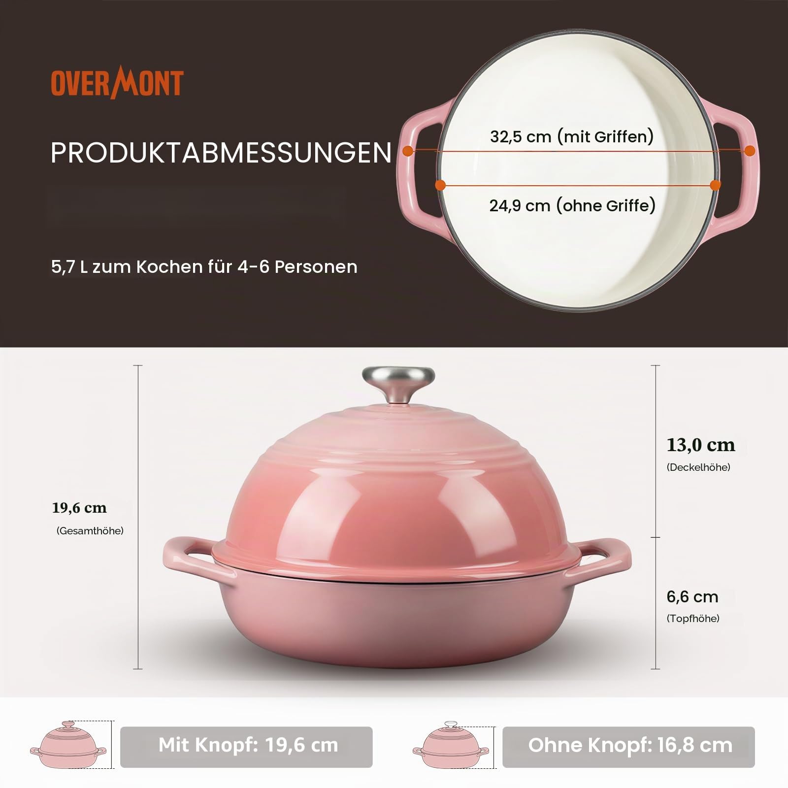 Overmont Gusseisen Topf Emaille Brotbacktopf - 5.7L Bräter Schmortopf mit Deckel und Kochbuch – für Küche Backen Schmoren Braten - Rosa | Hoher Brottopf mit Topflappen, für Sauerteigbrot Backen Handwerkerbrote, knusprige Kruste & bessere Ofenfeder, 260°C