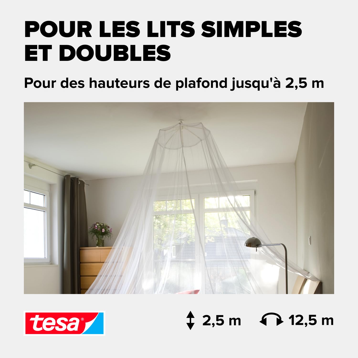 Tesa Stop Moustiquaire Voile Comfort – Ciel Anti-Insectes avec Crochet Adhésif – pour Le Voyage et la Maison – Lit Simple ou Double – avec Sac de Transport – Blanc 55836-00020-00