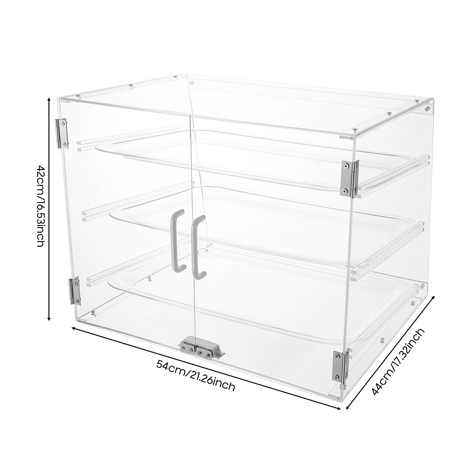 Vitrina de 3 pisos con puerta magnética, 54 x 44 x 42 cm, con capacidad de carga de 5 kg por nivel, caja de almacenamiento de acrílico extraíble para panadería, cafetería, protector contra el polvo