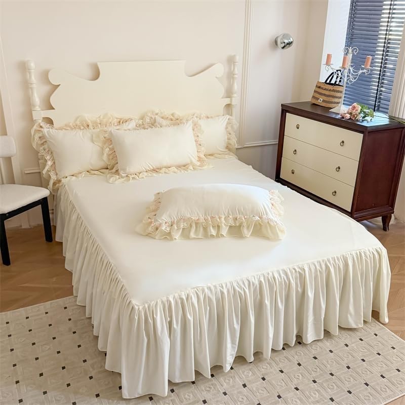 Parure de Lit 4 Pièces à Dentelle Style Français Chic - Couverture-Drap,Drap de Lit et Housses de Traversin pour Fille,Literie Style Coréen Princesse,Ultra Doux et Léger(White,Twin)