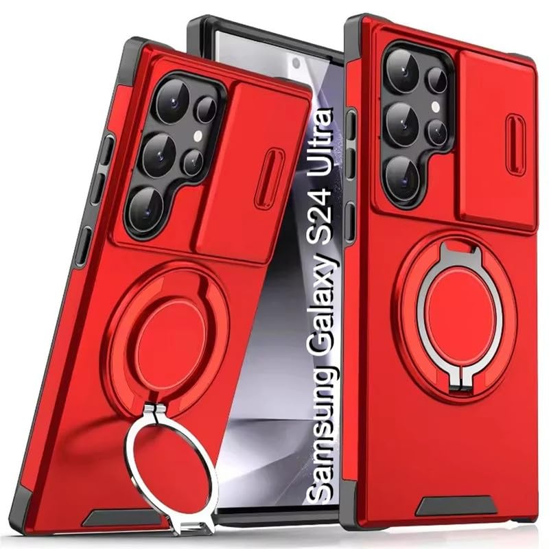 Image of LuxuryKase Shockproof Rugged Case for Samsung Galaxy S24 Ultra | Slide Camera Cover | 360 Rotating Ring Kickstand | Military-Grade Protection - Cherry Red