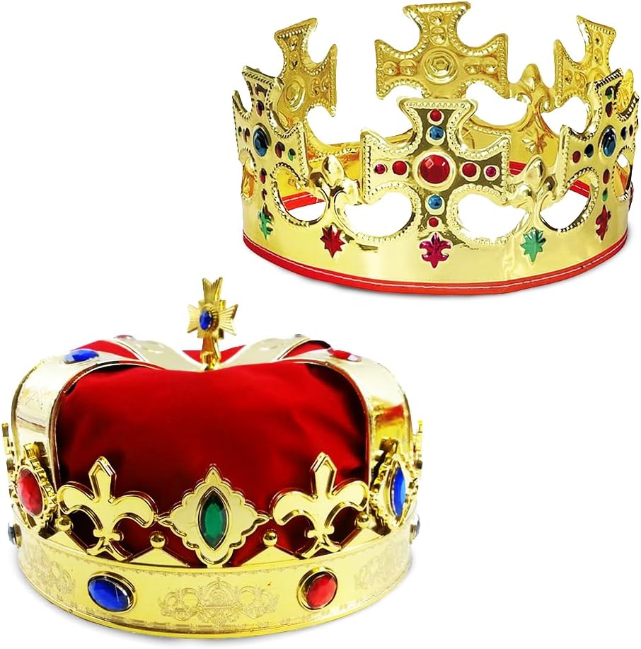 Funny Party Hats Adjustable King Crowns – Royal King Crown – Bejeweled Gold Crowns – 2 Pack