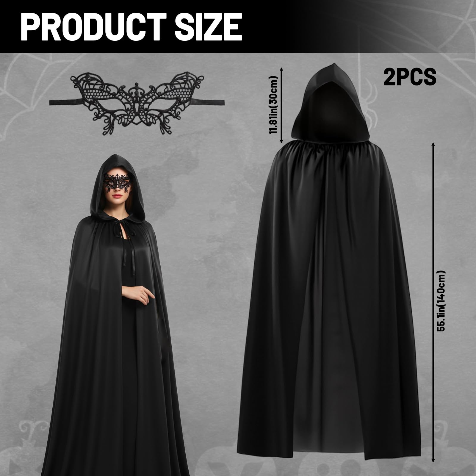 1Pcs Black Cloak, 140cm Black Cape with Hood and Black Eye Mask - Image 2