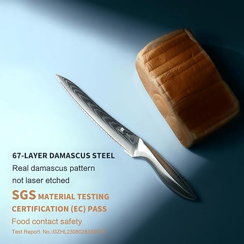 Miniatura 4 de Cuchillo de Pan de Acero Damasco 9C: Un Cuchillo Dentado de Borde Ondulado Ancho con una Hoja de Acero Inoxidable Mejorada Súper Afilada de 8