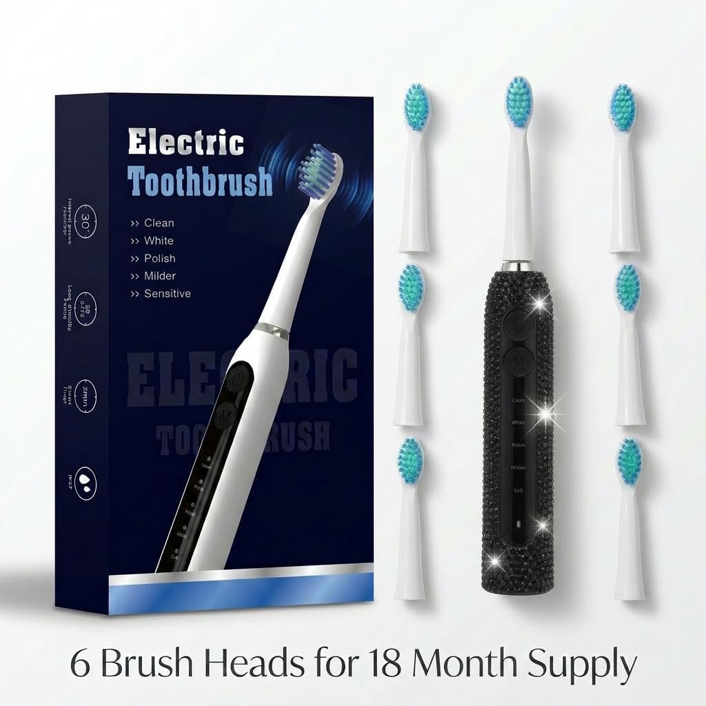Diamond Sonic Electric Toothbrush Bling Rechargeable Toothbrushes for Adults with 6 Brush Heads Vibrating Toothbrush-5 Modes, USB-C Fast Charge,2Min Smart Timer,IPX7 Waterproof(Black)