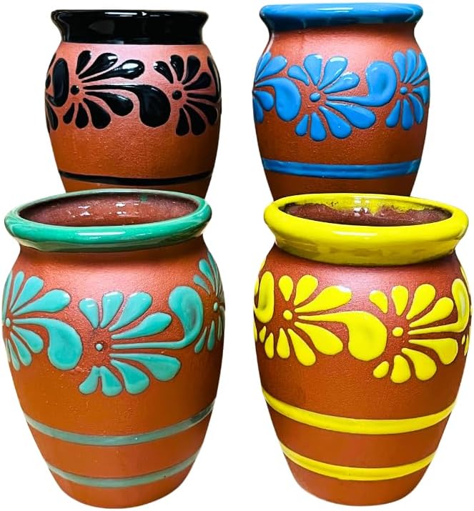 Set of Multicolor 4 Plumeado Cantarito Cup - Clay Cantarito Cup - Guelaguetza Designs