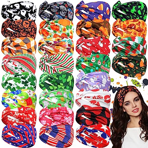 XunYee 28 Pcs 4th of July Holiday Headbands for Women Patriotic Head Bands Bulk Independence Day Red White and Blue Hair Stretchy Fourth of July Non Slip Head Wrap Knot Seasonal Hair Bands Accessories