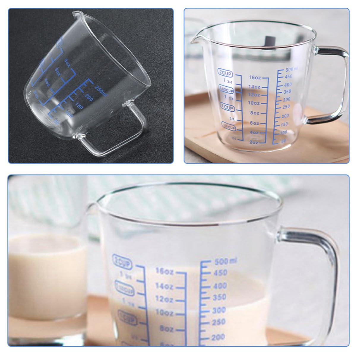 VALICLUD 3 Piezas Taza Vidrio y Medidora de Asa 500ml 250ml con Líquidos | Graduación Visible, Fácil de Llevar y Guardar, Uso en Cocina