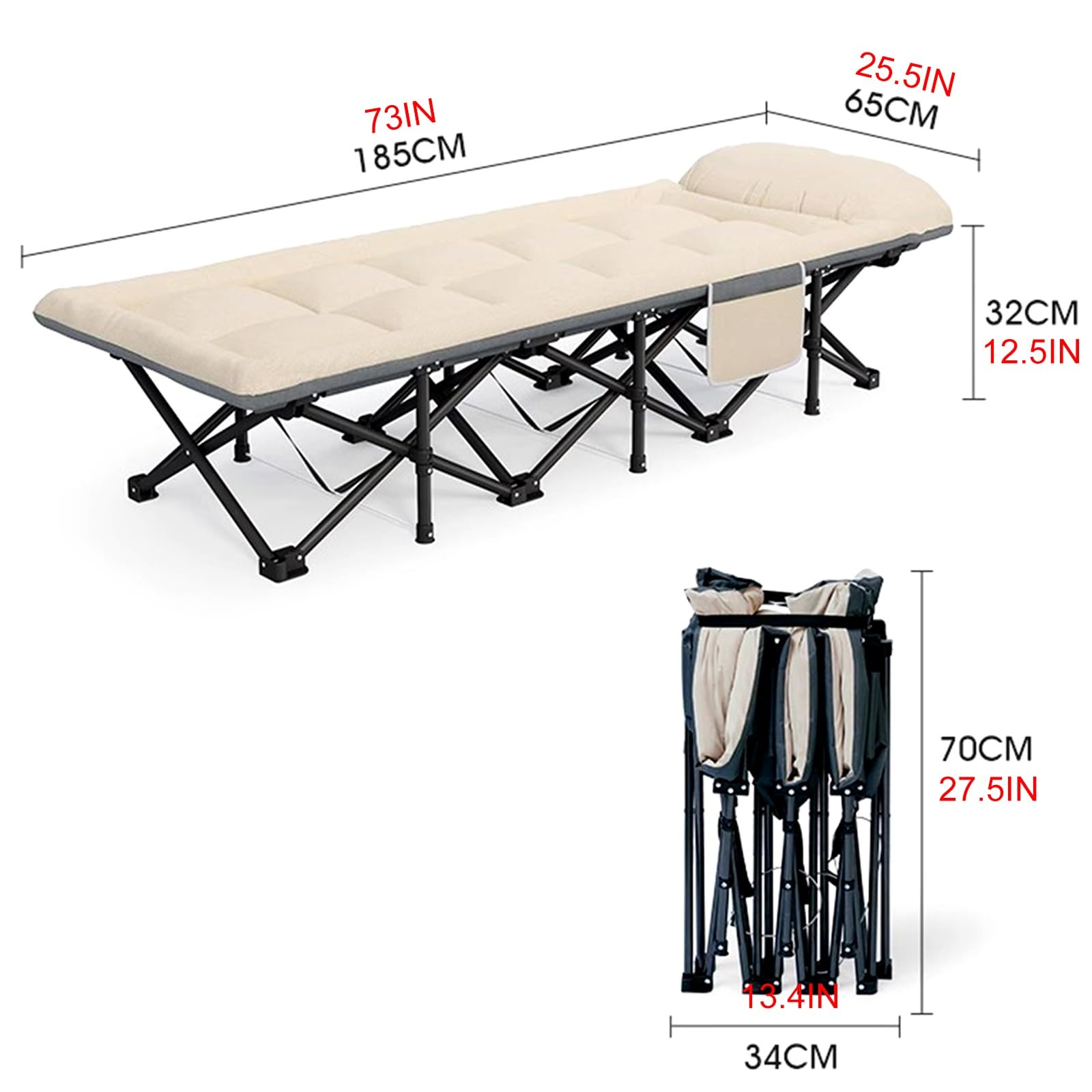 Brandina da Campeggio con Materasso, Lettino da Campeggio con Tasche Laterali, Supporto Robusto Fino a 400 Libbre, Nessuna Installazione, Letto Pieghevole Leggero e Confortevole