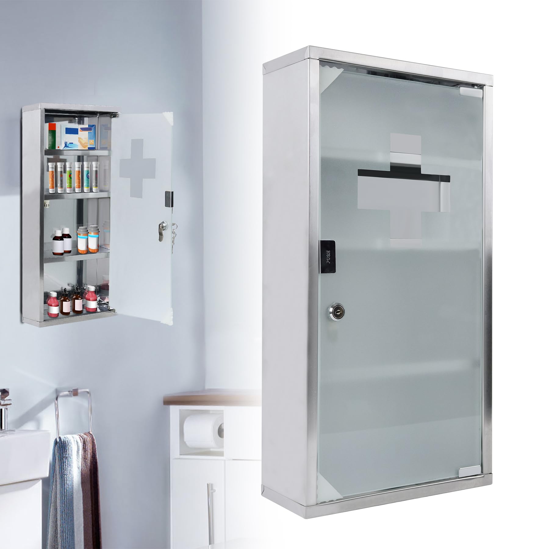 LARS360 Armario medicinal con cerradura, 30 x 12 x 57,5 cm, acero inoxidable, montaje en pared, armario de primeros auxilios con puerta de cristal endurecido, 4 estantes, botiquín casero