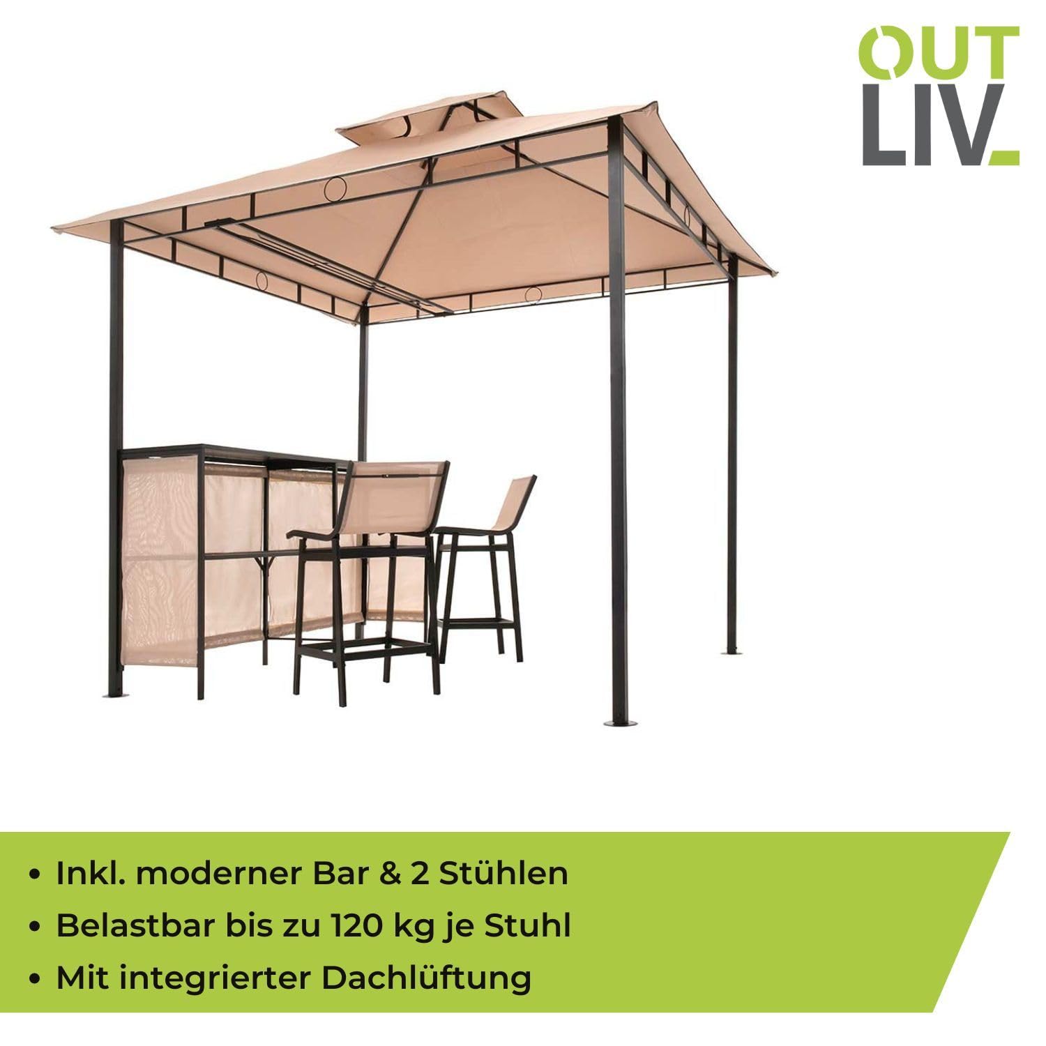 OUTLIV. Gartenpavillon, mit Bar und 2 Stühlen, strapazierfähig, langlebig, inkl. Thekenabdeckung und integrierter Dachlüftung, 240x240x250, Beige