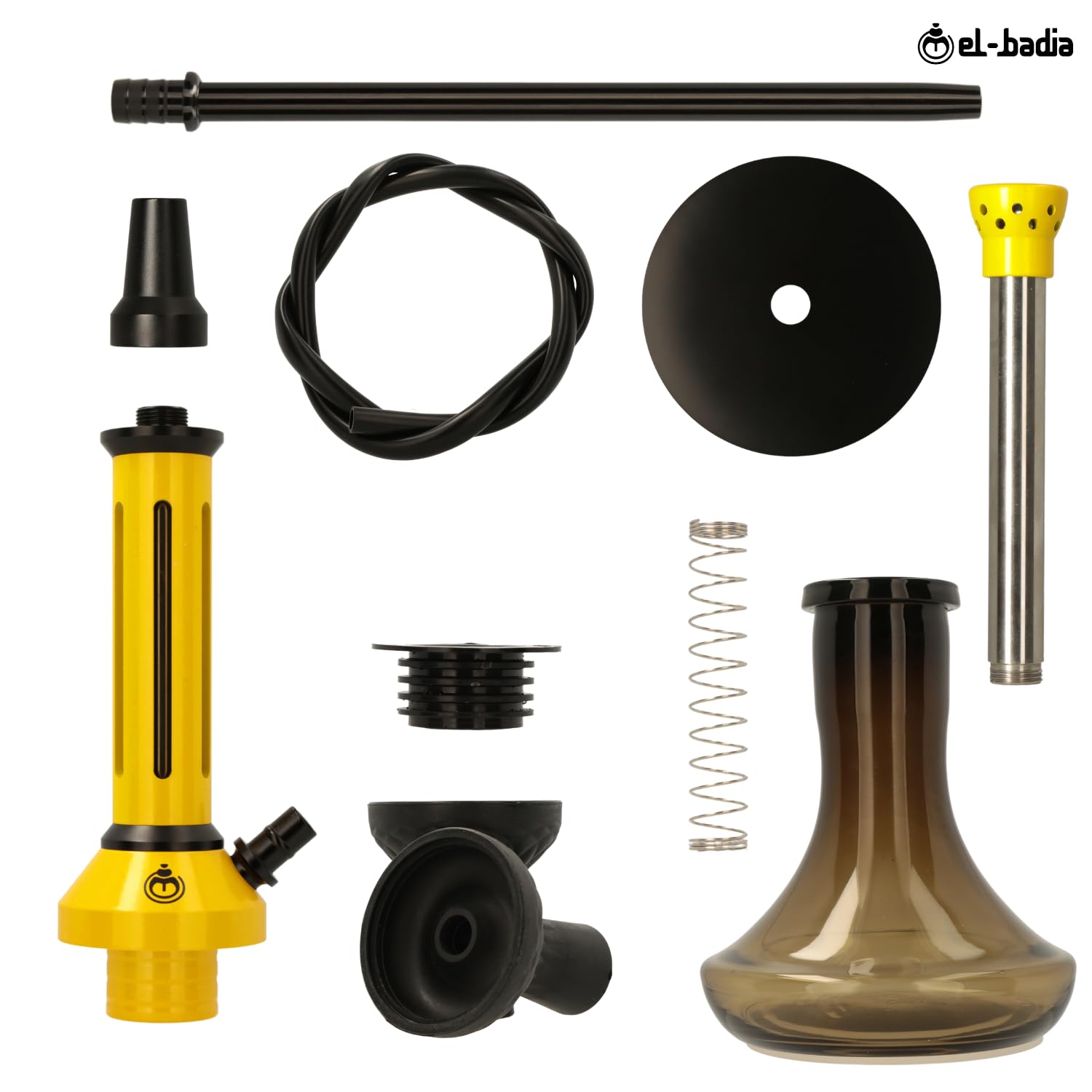 EL-BADIA® Fusion Shisha – 46 cm – Grande Shisha Moderna in Alluminio con Vaso in Vetro, Diffusore Removibile, Purga 360°, Tubo e Braciere in Silicone – Narghilè Premium – Set Completo (Yellow)