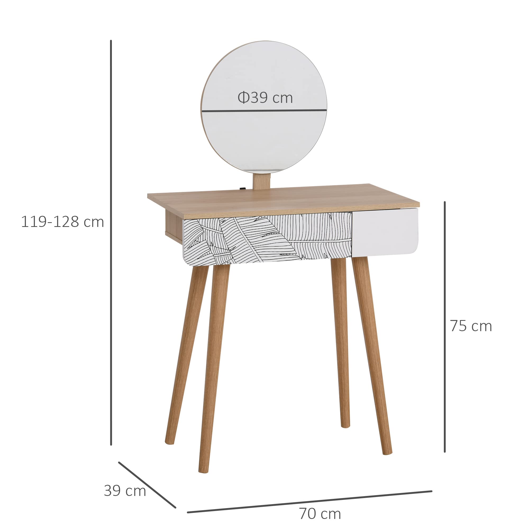 HOMCOM Postazione Trucco con Specchio Circolare Ф39cm, Toeletta Trucco con Cassetto con Decorazione Jungle, 70x39x119-128cm, Bianco e Rovere