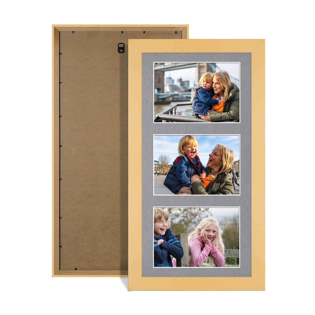 Procut Global 40X20CM Mustard Yellow Photo Frames For Multiple Pictures with Mid Grey Mount-Modern Collage Frame with 3 Apertures (3x) 6X4-Engineered Wood with Shatterproof Perspex