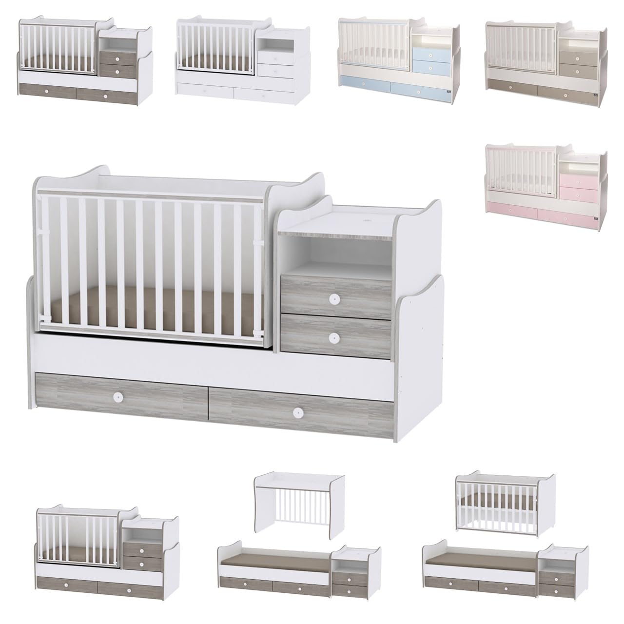 Lorelli Classic Baby/Youth Bed Combo Convertible 2 Children At The Same Time Swing Function, Colours: White/Grey, White/Artwood