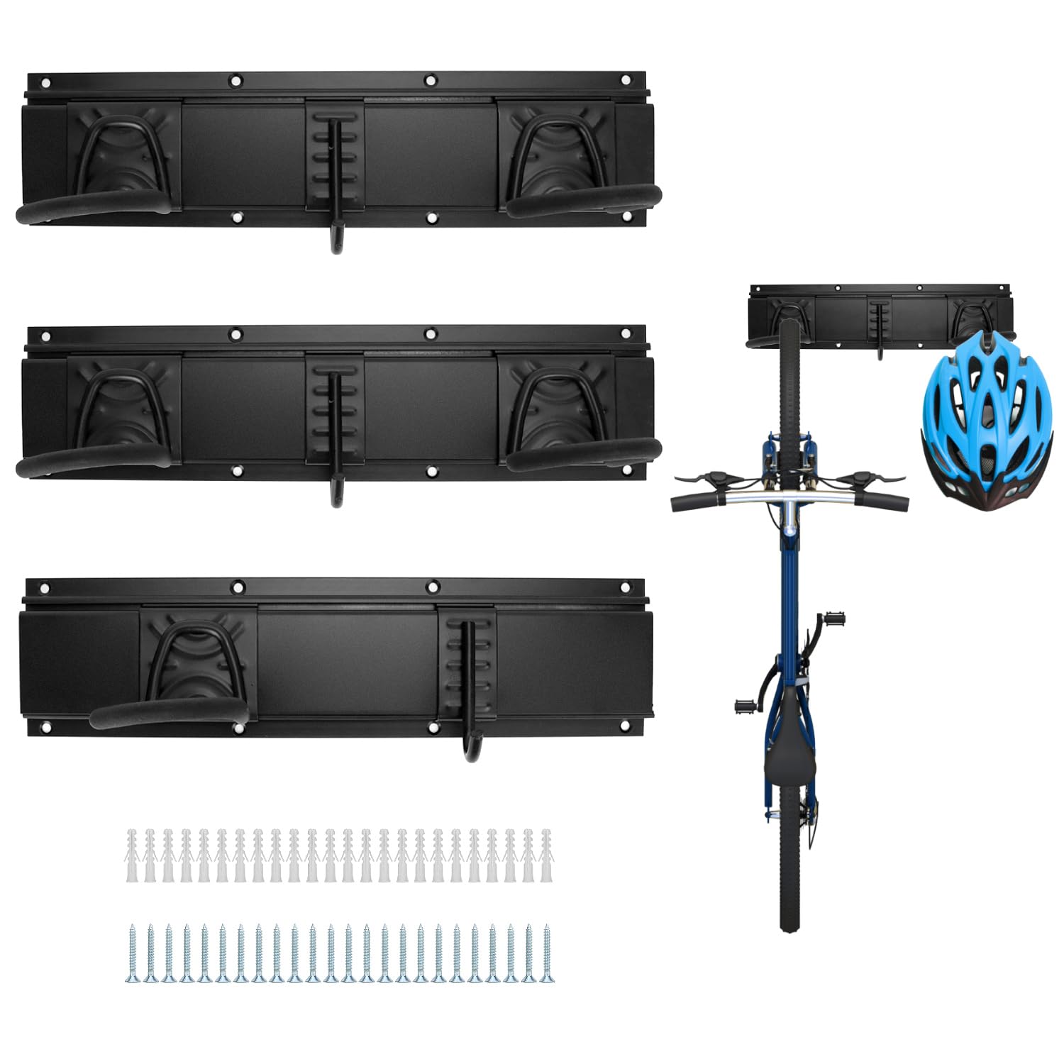 QWORK® Portabici da muro per 5 biciclette e 3 caschi, Appendi bici adatto a vari tipi di bici, Lunghezza totale del binario 120 cm, Supporta fino a 225 kg